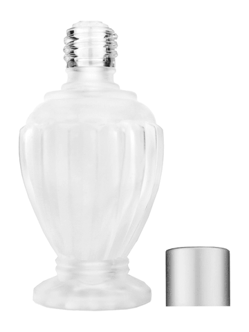 Diva design 46 ml, 1.64oz frosted glass bottle with reducer and silver matte cap.