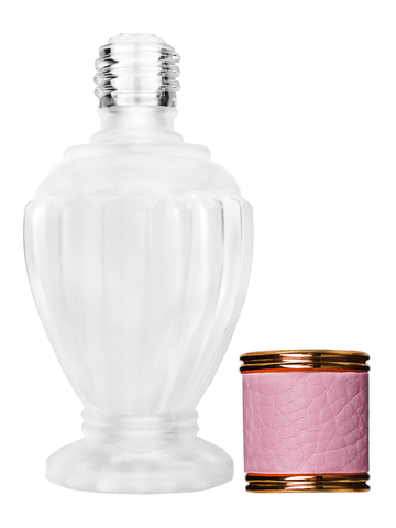 Diva design 46 ml, 1.64oz frosted glass bottle with reducer and pink faux leather cap.