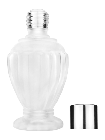 Diva design 46 ml, 1.64oz frosted glass bottle with reducer and shiny silver cap.