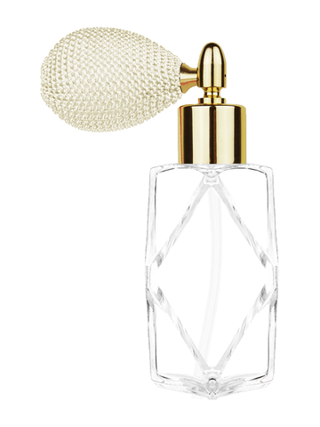 Diamond design 60ml, 2 ounce  clear glass bottle  with ivory vintage style bulb sprayer with shiny gold collar cap.