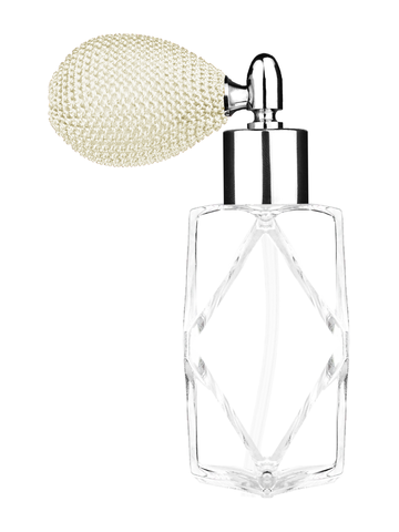 Diamond design 60ml, 2 ounce  clear glass bottle  with ivory vintage style bulb sprayer with shiny silver collar cap.