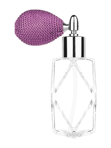 Diamond design 60ml, 2 ounce  clear glass bottle  with lavender vintage style bulb sprayer with shiny silver collar cap.