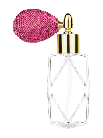 ***OUT OF STOCK***Diamond design 60ml, 2 ounce  clear glass bottle  with pink vintage style bulb sprayer with shiny gold collar cap.