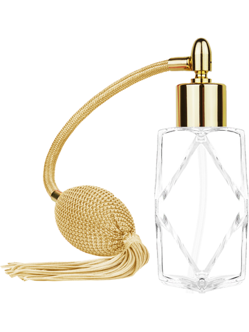 Diamond design 60ml, 2 ounce  clear glass bottle  with Gold vintage style bulb sprayer with tassel with shiny gold collar cap.