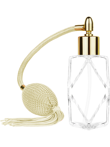 Diamond design 60ml, 2 ounce  clear glass bottle  with Ivory vintage style bulb sprayer with tassel with shiny gold collar cap.
