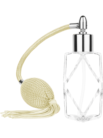 Diamond design 60ml, 2 ounce  clear glass bottle  with Ivory vintage style bulb sprayer with tassel with shiny silver collar cap.