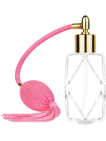Diamond design 60ml, 2 ounce  clear glass bottle  with Pink vintage style bulb sprayer with tassel with shiny gold collar cap.