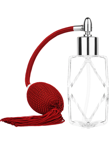 Diamond design 60ml, 2 ounce  clear glass bottle  with Red vintage style bulb sprayer with tassel with shiny silver collar cap.