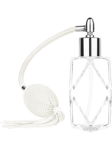 Diamond design 60ml, 2 ounce  clear glass bottle  with White vintage style bulb sprayer with tassel with shiny silver collar cap.