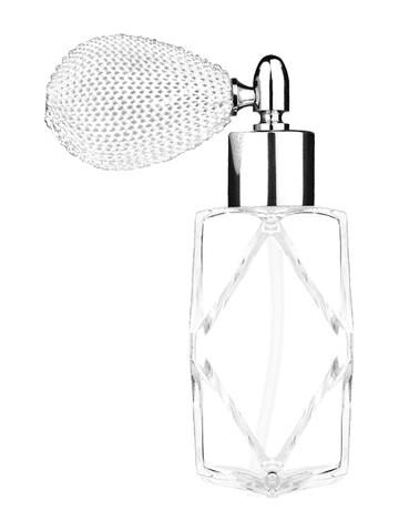 Diamond design 60ml, 2 ounce  clear glass bottle  with white vintage style bulb sprayer with shiny silver collar cap.