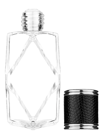 Diamond design 60ml, 2 ounce  clear glass bottle  with reducer and black faux leather cap.
