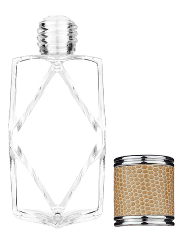 Diamond design 60ml, 2 ounce  clear glass bottle  with reducer and light brown faux leather cap.