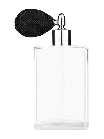 Elegant design 100 ml, 3 1/2oz  clear glass bottle  with black vintage style bulb sprayer with shiny silver collar cap.