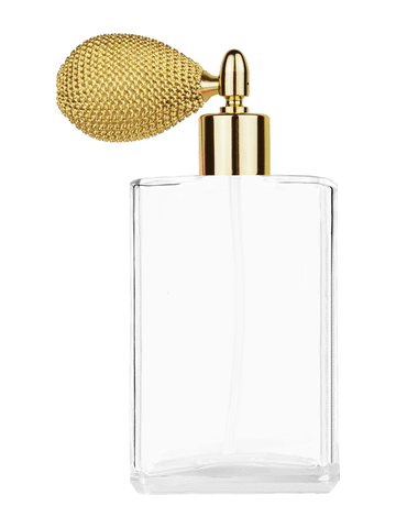Elegant design 100 ml, 3 1/2oz  clear glass bottle  with gold vintage style sprayer with shiny gold collar cap.