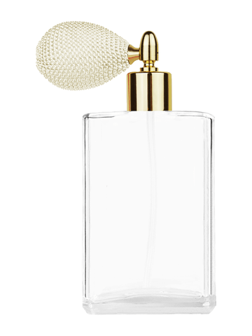 Elegant design 100 ml, 3 1/2oz  clear glass bottle  with ivory vintage style bulb sprayer with shiny gold collar cap.
