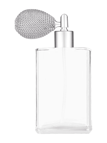 Elegant design 100 ml, 3 1/2oz  clear glass bottle  with matte silver vintage style sprayer with matte silver collar cap.