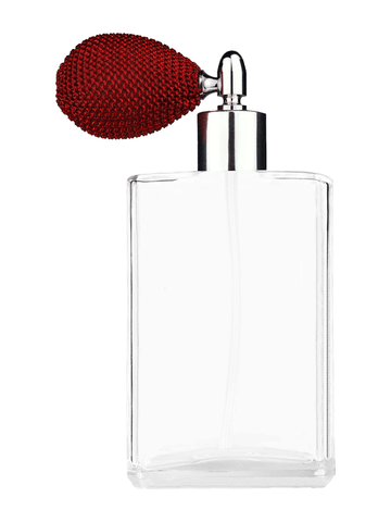 Elegant design 100 ml, 3 1/2oz  clear glass bottle  with red vintage style bulb sprayer with shiny silver collar cap.