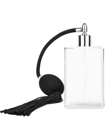 Elegant design 100 ml, 3 1/2oz  clear glass bottle  with Black vintage style bulb sprayer with tassel with shiny silver collar cap.