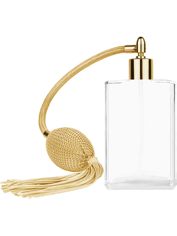 Elegant design 100 ml, 3 1/2oz  clear glass bottle  with Gold vintage style bulb sprayer with tassel with shiny gold collar cap.