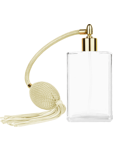 Elegant design 100 ml, 3 1/2oz  clear glass bottle  with Ivory vintage style bulb sprayer with tassel with shiny gold collar cap.