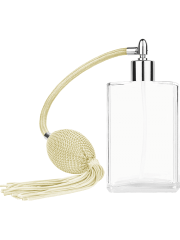 Elegant design 100 ml, 3 1/2oz  clear glass bottle  with Ivory vintage style bulb sprayer with tassel with shiny silver collar cap.