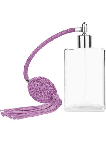 Elegant design 100 ml, 3 1/2oz  clear glass bottle  with Lavender vintage style bulb sprayer with tassel with shiny silver collar cap.