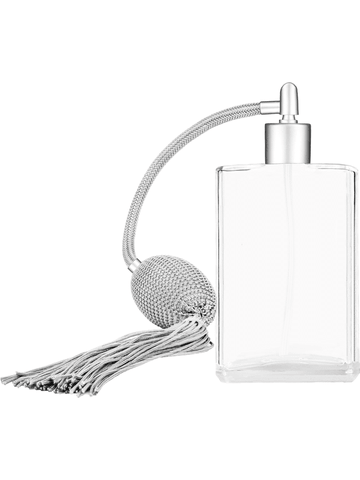 Elegant design 100 ml, 3 1/2oz  clear glass bottle  with Silver vintage style bulb sprayer with tassel with matte silver collar cap.