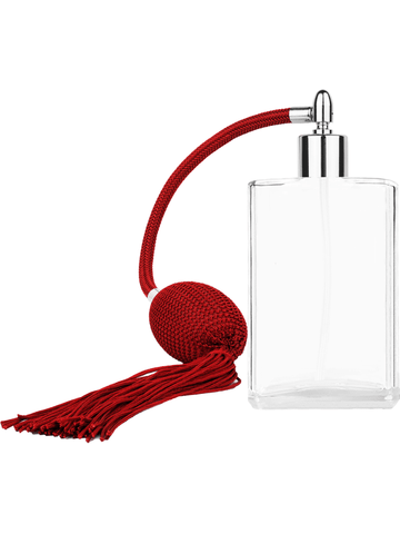 Elegant design 100 ml, 3 1/2oz  clear glass bottle  with Red vintage style bulb sprayer with tassel with shiny silver collar cap.