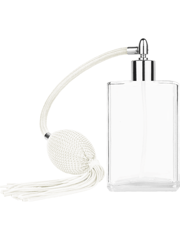 Elegant design 100 ml, 3 1/2oz  clear glass bottle  with White vintage style bulb sprayer with tassel with shiny silver collar cap.
