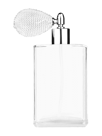 Elegant design 100 ml, 3 1/2oz  clear glass bottle  with white vintage style bulb sprayer with shiny silver collar cap.