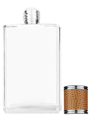 Elegant design 100 ml, 3 1/2oz  clear glass bottle  with reducer and brown faux leather cap.