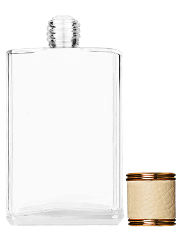 Elegant design 100 ml, 3 1/2oz  clear glass bottle  with reducer and ivory faux leather cap.