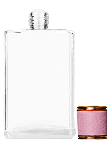 Elegant design 100 ml, 3 1/2oz  clear glass bottle  with reducer and pink faux leather cap.