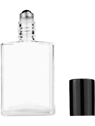 Elegant design 15ml, 1/2oz Clear glass bottle with metal roller ball plug and black shiny cap.
