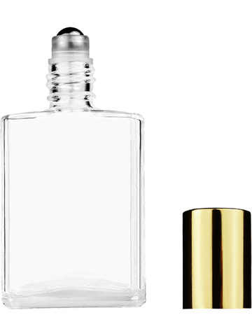 Elegant design 15ml, 1/2oz Clear glass bottle with metal roller ball plug and shiny gold cap.