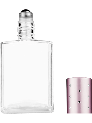 Elegant design 15ml, 1/2oz Clear glass bottle with metal roller ball plug and pink cap with dots.