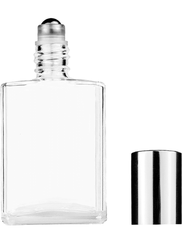 Elegant design 15ml, 1/2oz Clear glass bottle with metal roller ball plug and shiny silver cap.