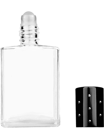Elegant design 15ml, 1/2oz Clear glass bottle with plastic roller ball plug and black shiny cap with dots.