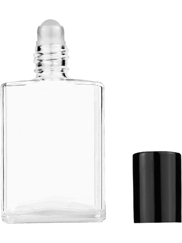Elegant design 15ml, 1/2oz Clear glass bottle with plastic roller ball plug and black shiny cap.