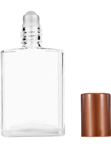 Elegant design 15ml, 1/2oz Clear glass bottle with plastic roller ball plug and matte copper cap.