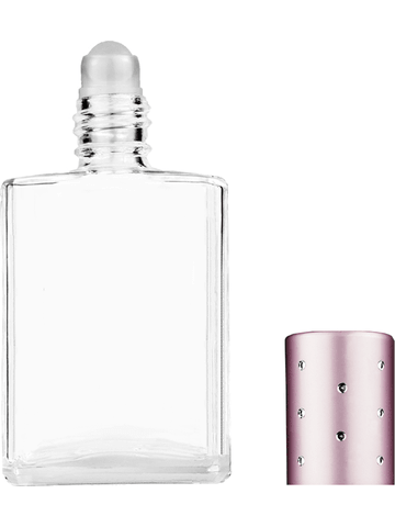 Elegant design 15ml, 1/2oz Clear glass bottle with plastic roller ball plug and pink cap with dots.