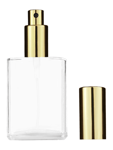 Elegant design 30 ml, clear glass bottle with sprayer and shiny gold cap.