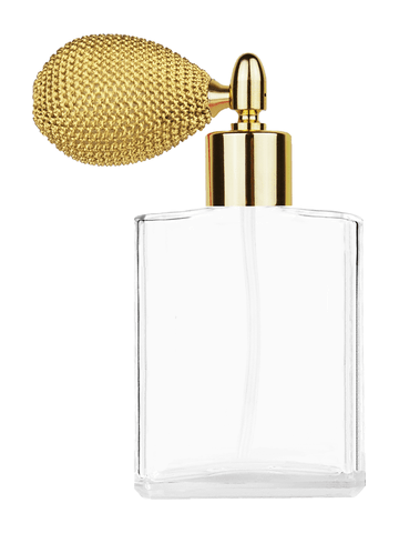Elegant design 60 ml, 2oz  clear glass bottle  with gold vintage style sprayer with shiny gold collar cap.