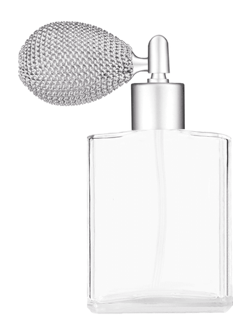 Elegant design 60 ml, 2oz  clear glass bottle  with matte silver vintage style sprayer with matte silver collar cap.