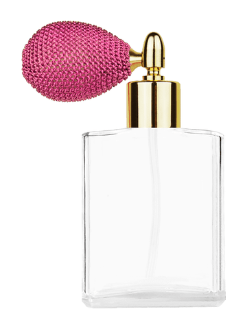 Elegant design 60 ml, 2oz  clear glass bottle  with pink vintage style bulb sprayer with shiny gold collar cap.