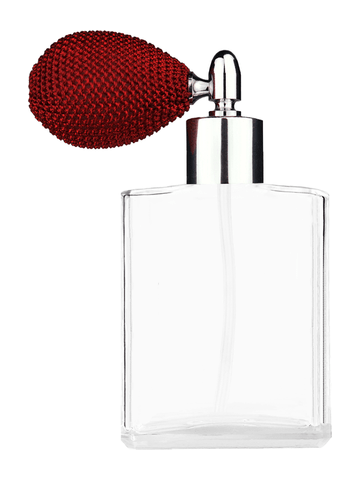 Elegant design 60 ml, 2oz  clear glass bottle  with red vintage style bulb sprayer with shiny silver collar cap.