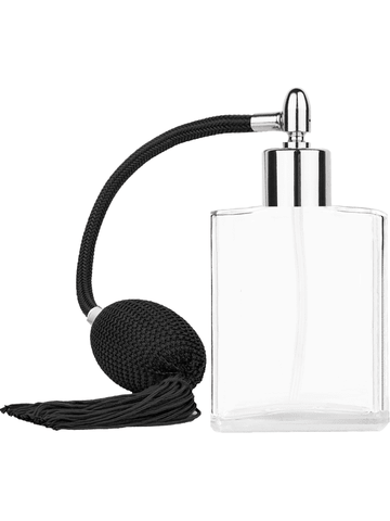 Elegant design 60 ml, 2oz  clear glass bottle  with Black vintage style bulb sprayer with tassel with shiny silver collar cap.