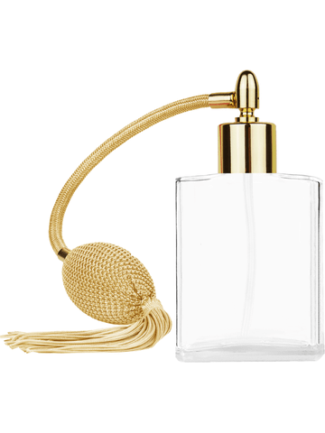 Elegant design 60 ml, 2oz  clear glass bottle  with Gold vintage style bulb sprayer with tassel with shiny gold collar cap.