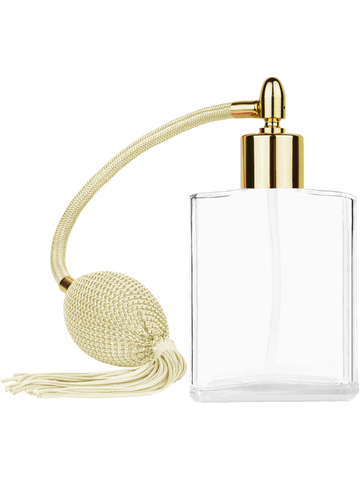 Elegant design 60 ml, 2oz  clear glass bottle  with Ivory vintage style bulb sprayer with tassel with shiny gold collar cap.