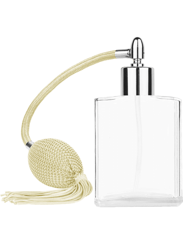 Elegant design 60 ml, 2oz  clear glass bottle  with Ivory vintage style bulb sprayer with tassel with shiny silver collar cap.